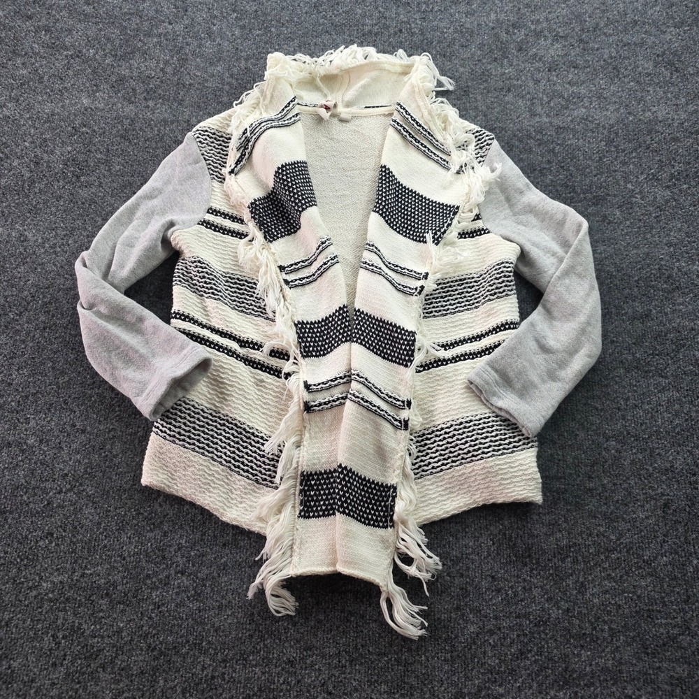 Dolan Left Coast Collection Cardigan Fringe Stripe Knit Wrap XS Grey Cream USA